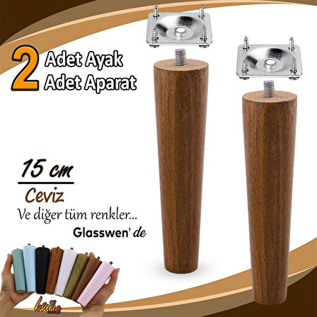2 Adet Ahşap Ayak 15 Cm Ceviz M8 Civatalı Bağlantı Aparatlı Dolap Mobilya Koltuk Kanepe Destek Ayağı Ayakları