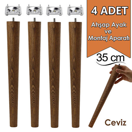 4 Adet Ahşap Ayak 35 Cm Ceviz M8 Civatalı Bağlantı Aparatlı Mobilya Tabure Sehpa Masa Destek Ayağı