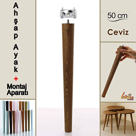 Ahşap Ayak 50 Cm Ceviz M8 Civatalı Bağlantı Aparatlı Dolap Mobilya Koltuk Kanepe Destek Ayağı Ayakları