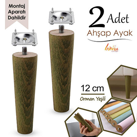 2 Adet Ahşap Ayak 12 Cm Orman Yeşili M8 Civatalı Bağlantı Aparatlı Dolap Mobilya Koltuk Kanepe Destek Ayağı Ayakları