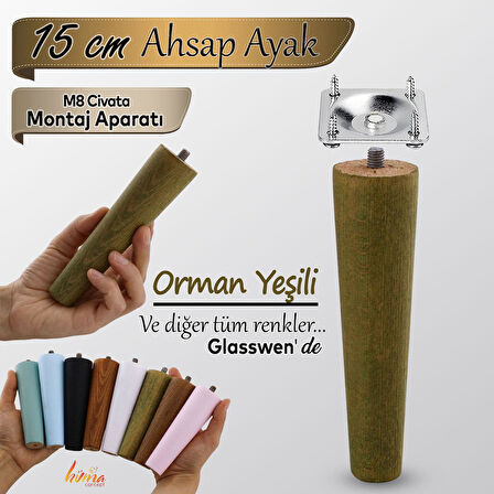 Ahşap Ayak 15 Cm Orman Yeşili M8 Civatalı Bağlantı Aparatlı Dolap Mobilya Koltuk Kanepe Destek Ayağı Ayakları
