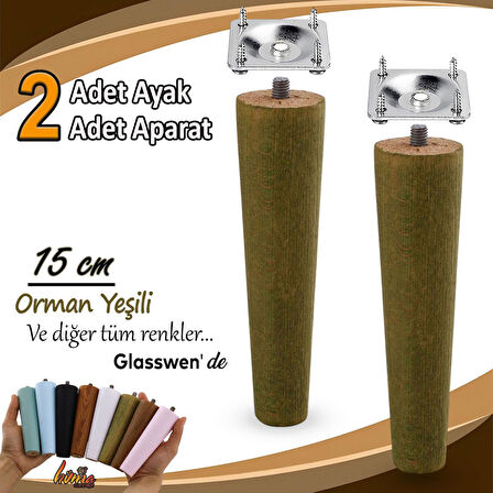 2 Adet Ahşap Ayak 15 Cm Orman Yeşili M8 Civatalı Bağlantı Aparatlı Dolap Mobilya Koltuk Kanepe Destek Ayağı Ayakları