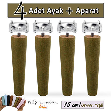 4 Adet Ahşap Ayak 15 Cm Orman Yeşili M8 Civatalı Bağlantı Aparatlı Dolap Mobilya Koltuk Kanepe Destek Ayağı Ayakları