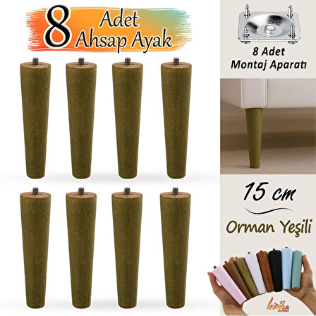 8 Adet Ahşap Ayak 15 Cm Orman Yeşili M8 Civatalı Bağlantı Aparatlı Dolap Mobilya Koltuk Kanepe Destek Ayağı Ayakları