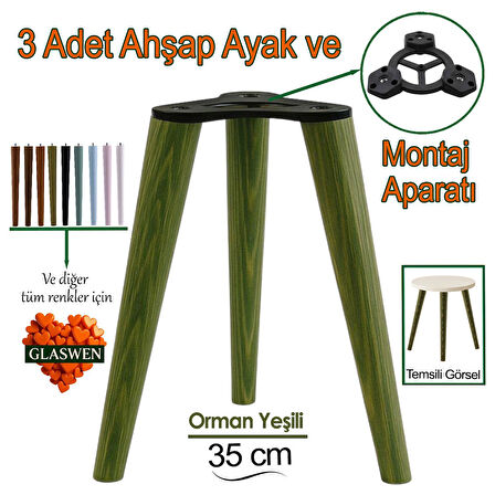 3 Adet Ahşap Ayak 35 Cm Orman Yeşili M8 Civatalı Bağlantı Aparatlı Mobilya Tabure Sehpa Masa Destek Ayağı