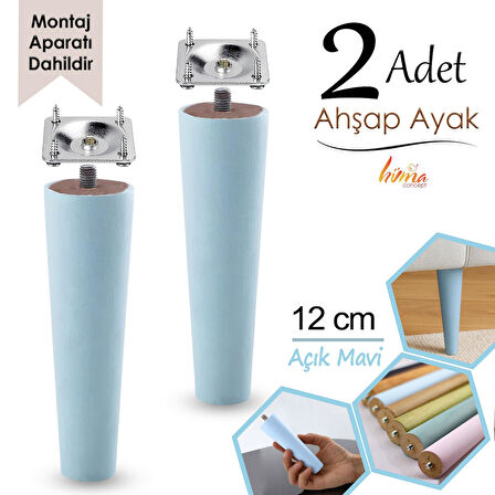 2 Adet Ahşap Ayak 12 Cm Açık Mavi M8 Civatalı Bağlantı Aparatlı Dolap Mobilya Koltuk Kanepe Destek Ayağı Ayakları