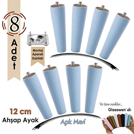 8 Adet Ahşap Ayak 12 Cm Açık Mavi M8 Civatalı Bağlantı Aparatlı Dolap Mobilya Koltuk Kanepe Destek Ayağı Ayakları