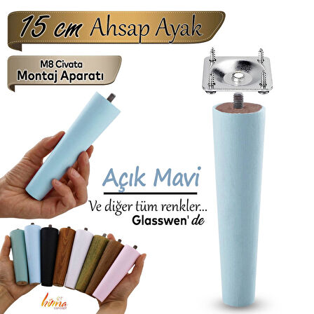 Ahşap Ayak 15 Cm Açık Mavi M8 Civatalı Bağlantı Aparatlı Dolap Mobilya Koltuk Kanepe Destek Ayağı Ayakları
