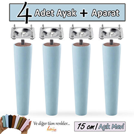4 Adet Ahşap Ayak 15 Cm Açık Mavi M8 Civatalı Bağlantı Aparatlı Dolap Mobilya Koltuk Kanepe Destek Ayağı Ayakları
