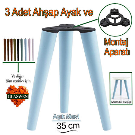 3 Adet Ahşap Ayak 35 Cm Açık Mavi M8 Civatalı Bağlantı Aparatlı Mobilya Tabure Sehpa Masa Destek Ayağı