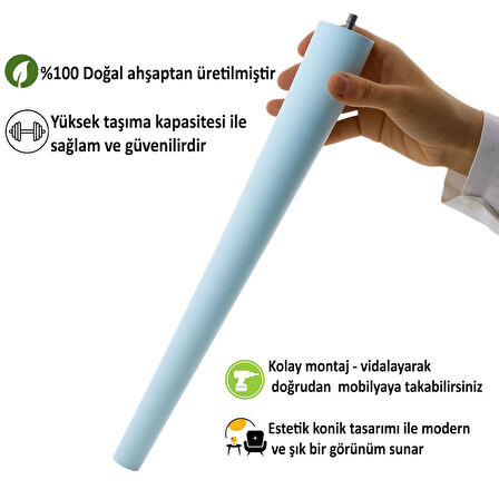 Ahşap Ayak 50 Cm Açık Mavi M8 Civatalı Bağlantı Aparatlı Dolap Mobilya Koltuk Kanepe Destek Ayağı Ayakları