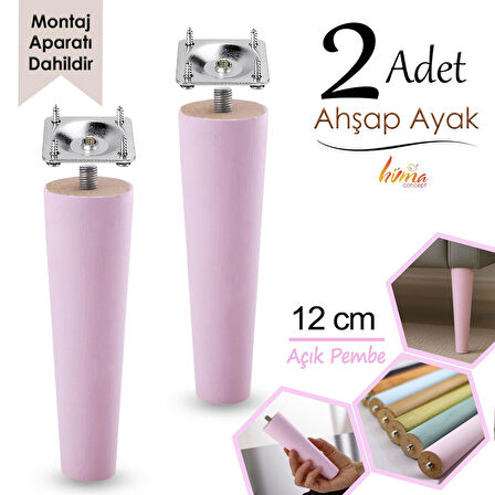 2 Adet Ahşap Ayak 12 Cm Açık Pembe M8 Civatalı Bağlantı Aparatlı Dolap Mobilya Koltuk Kanepe Destek Ayağı Ayakları