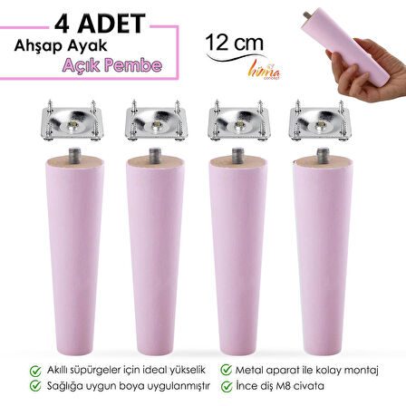 4 Adet Ahşap Ayak 12 Cm Açık Pembe M8 Civatalı Bağlantı Aparatlı Dolap Mobilya Koltuk Kanepe Destek Ayağı Ayakları