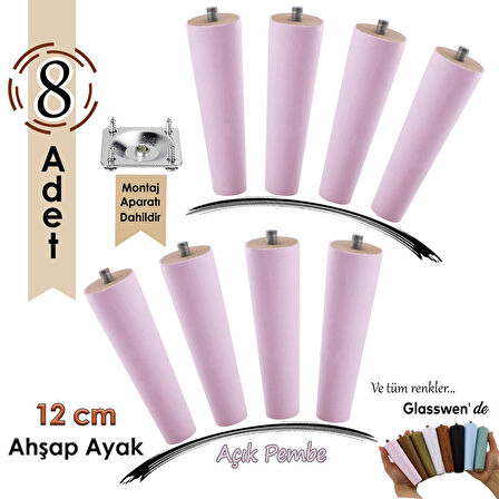 8 Adet Ahşap Ayak 12 Cm Açık Pembe M8 Civatalı Bağlantı Aparatlı Dolap Mobilya Koltuk Kanepe Destek Ayağı Ayakları