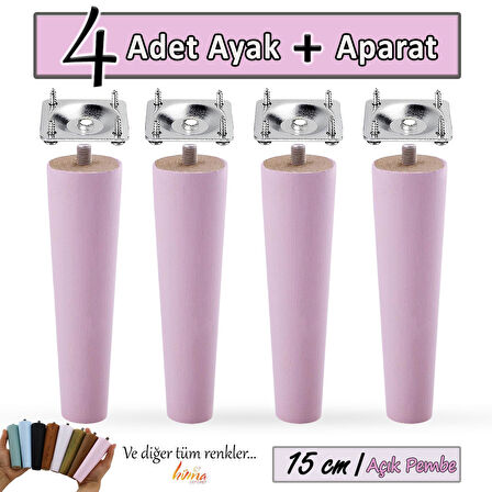 4 Adet Ahşap Ayak 15 Cm Açık Pembe M8 Civatalı Bağlantı Aparatlı Dolap Mobilya Koltuk Kanepe Destek Ayağı Ayakları