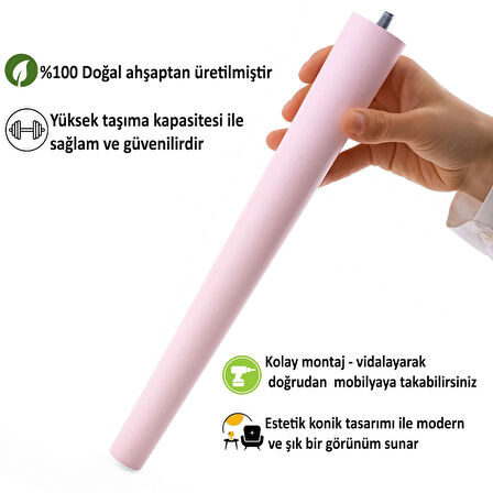 Ahşap Ayak 50 Cm Açık Pembe M8 Civatalı Bağlantı Aparatlı Dolap Mobilya Koltuk Kanepe Destek Ayağı Ayakları