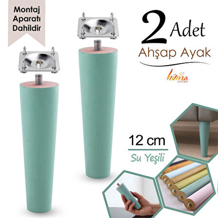 2 Adet Ahşap Ayak 12 Cm Su Yeşili M8 Civatalı Bağlantı Aparatlı Dolap Mobilya Koltuk Kanepe Destek Ayağı Ayakları