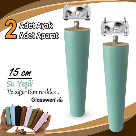2 Adet Ahşap Ayak 15 Cm Su Yeşili M8 Civatalı Bağlantı Aparatlı Dolap Mobilya Koltuk Kanepe Destek Ayağı Ayakları