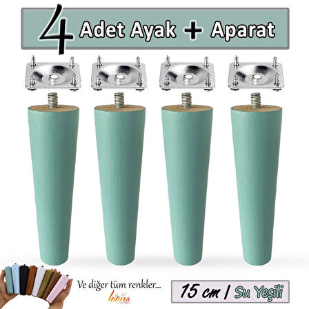 4 Adet Ahşap Ayak 15 Cm Su Yeşili M8 Civatalı Bağlantı Aparatlı Dolap Mobilya Koltuk Kanepe Destek Ayağı Ayakları