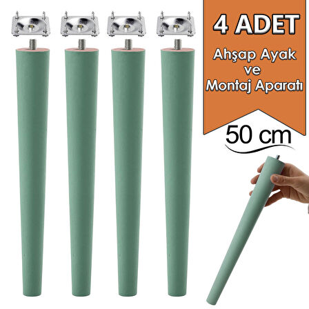 4 Adet Ahşap Ayak 50 Cm Su Yeşili M8 Civatalı Bağlantı Aparatlı Mobilya Tabure Sehpa Masa Destek Ayağı