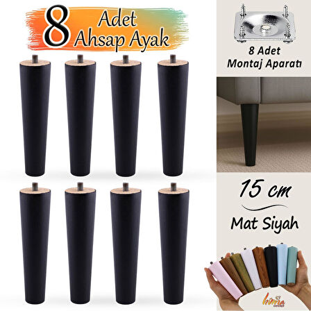 8 Adet Ahşap Ayak 15 Cm Siyah M8 Civatalı Bağlantı Aparatlı Dolap Mobilya Koltuk Kanepe Destek Ayağı Ayakları