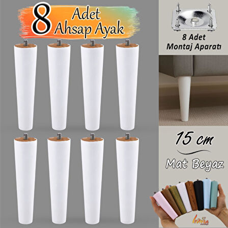 8 Adet Ahşap Ayak 15 Cm Beyaz M8 Civatalı Bağlantı Aparatlı Dolap Mobilya Koltuk Kanepe Destek Ayağı Ayakları
