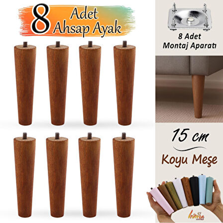 8 Adet Ahşap Ayak 15 Cm Koyu Meşe M8 Civatalı Bağlantı Aparatlı Dolap Mobilya Koltuk Kanepe Destek Ayağı Ayakları