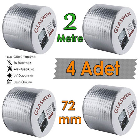 4 Adet Çatı İzolasyon Bandı 72 mm X 2 MT Su Sızdırmazlık Geçirmez Yalıtım Çamur Boru Sakız Tamir Bant
