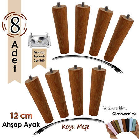 8 Adet Ahşap Ayak 12 Cm Koyu Meşe M8 Civatalı Bağlantı Aparatlı Dolap Mobilya Koltuk Kanepe Destek Ayağı Ayakları