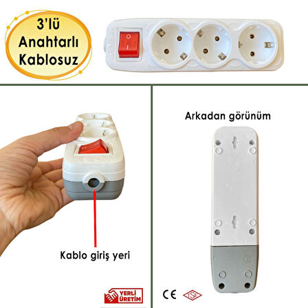 Grup Priz 3'lü Anahtarlı Kablosuz Topraklı Başlık Klemensli Çoğaltma Üçlü Piriz