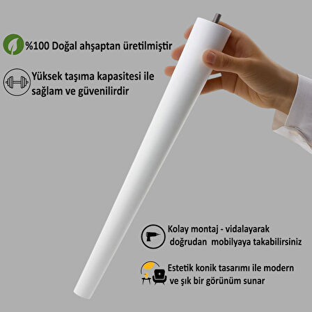 Ahşap Ayak 40 Cm Beyaz M8 Civatalı Bağlantı Aparatlı Mobilya Tabure Sehpa Masa Destek Ayağı