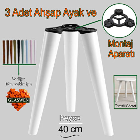 3 Adet Ahşap Ayak 40 Cm Beyaz M8 Civatalı Bağlantı Aparatlı Mobilya Tabure Sehpa Masa Destek Ayağı