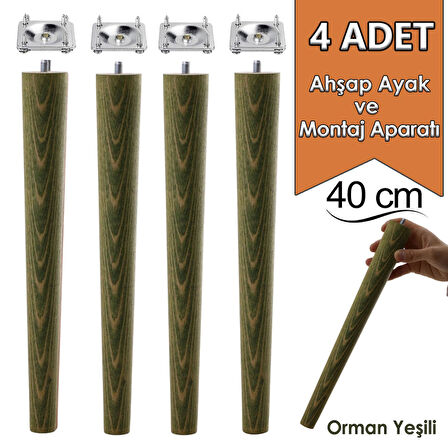 4 Adet Ahşap Ayak 40 Cm Orman Yeşili M8 Civatalı Bağlantı Aparatlı Mobilya Tabure Sehpa Masa Destek Ayağı