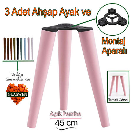 3 Adet Ahşap Ayak 45 Cm Açık Pembe M8 Civatalı Bağlantı Aparatlı Mobilya Tabure Sehpa Masa Destek Ayağı