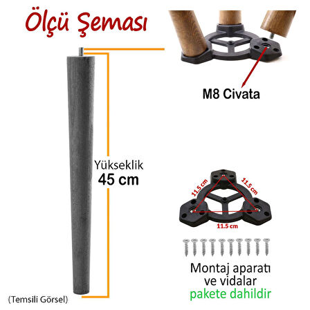 3 Adet Ahşap Ayak 45 Cm Orman Yeşili M8 Civatalı Bağlantı Aparatlı Mobilya Tabure Sehpa Masa Destek Ayağı