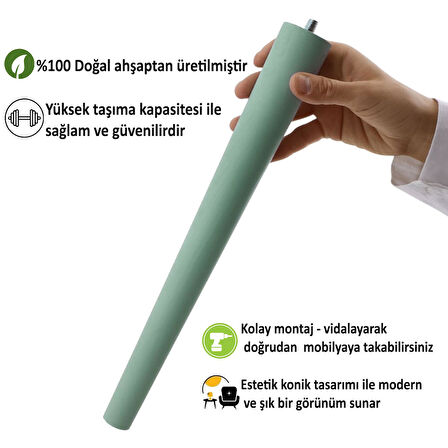 4 Adet Ahşap Ayak 45 Cm Su Yeşili M8 Civatalı Bağlantı Aparatlı Mobilya Tabure Sehpa Masa Destek Ayağı