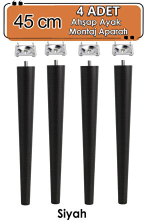 4 Adet Ahşap Ayak 45 Cm Siyah M8 Civatalı Bağlantı Aparatlı Mobilya Tabure Sehpa Masa Destek Ayağı