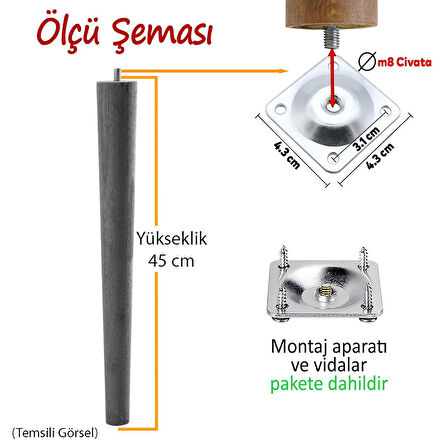 4 Adet Ahşap Ayak 45 Cm Siyah M8 Civatalı Bağlantı Aparatlı Mobilya Tabure Sehpa Masa Destek Ayağı