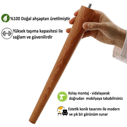 4 Adet Ahşap Ayak 45 Cm Açık Meşe M8 Civatalı Bağlantı Aparatlı Mobilya Tabure Sehpa Masa Destek Ayağı