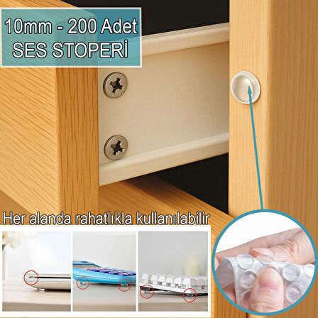 200’lü 10Mm Yapışkanlı Şeffaf Silikon Ses Stoperi Dolap Çekmece Tamponu Koruyucu