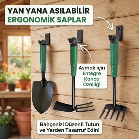 Çapa Tırmık Kürek 3’lü Set Metal Hobi Bahçe El Aletleri Saksı, Çiçek, Bitki ve Toprak Kazma Seti
