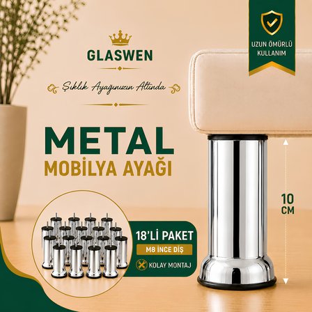 18 Adet Metal Destek Ayağı 10 Cm Krom Mobilya Kanepe Baza Koltuk Ünite Ayakları Metrik 8 Civatalı İnce Diş