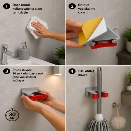 4 Adet Paspas Süpürge Fırça Ve Mop Askısı Sap Tutucu Mutfak Banyo Askı Yapışkanlı Düzenleyici Askılık