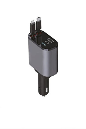 100W Süper Hızlı  Araç Şarj Cihazı – Çift Type-C & Lightning Kablo, Dijital Göstergeli, 80cm Kablo
