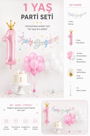 Dehaparty 1 Yaş Parti Seti Kız Pembe Doğum Günü Süsleri Balon Banner Balon Standı