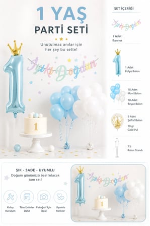 Dehaparty 1 Yaş Doğum Günü Parti Seti Mavi Renk Balon Banner Balon Standı