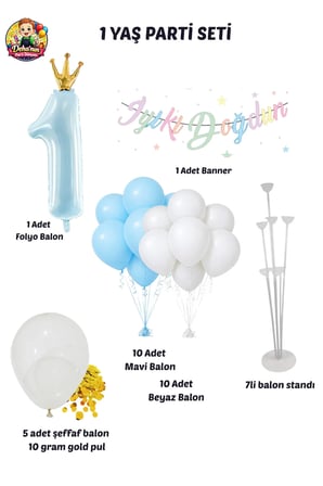 Dehaparty 1 Yaş Doğum Günü Parti Seti Mavi Renk Balon Banner Balon Standı