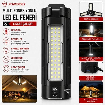 Powerdex PD-6000 Çok Amaçlı Işıldak El &kamp Feneri Beyaz -Gün Işığı 3 Kanatlı LED Ampul