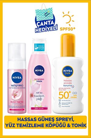 Nivea Sun Anında Güneş Koruyucu Vücut Spreyi 200ml Spf50, Yüz Temizleme Köpüğü, Tonik 200ml, Çanta Hediye