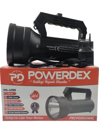Powerdex PD-4700 Profesyonel El Feneri | 30W – 3000 Lümen – 9600 Mah – Metal Kasa – Powerbank – Dijital Göstergeli